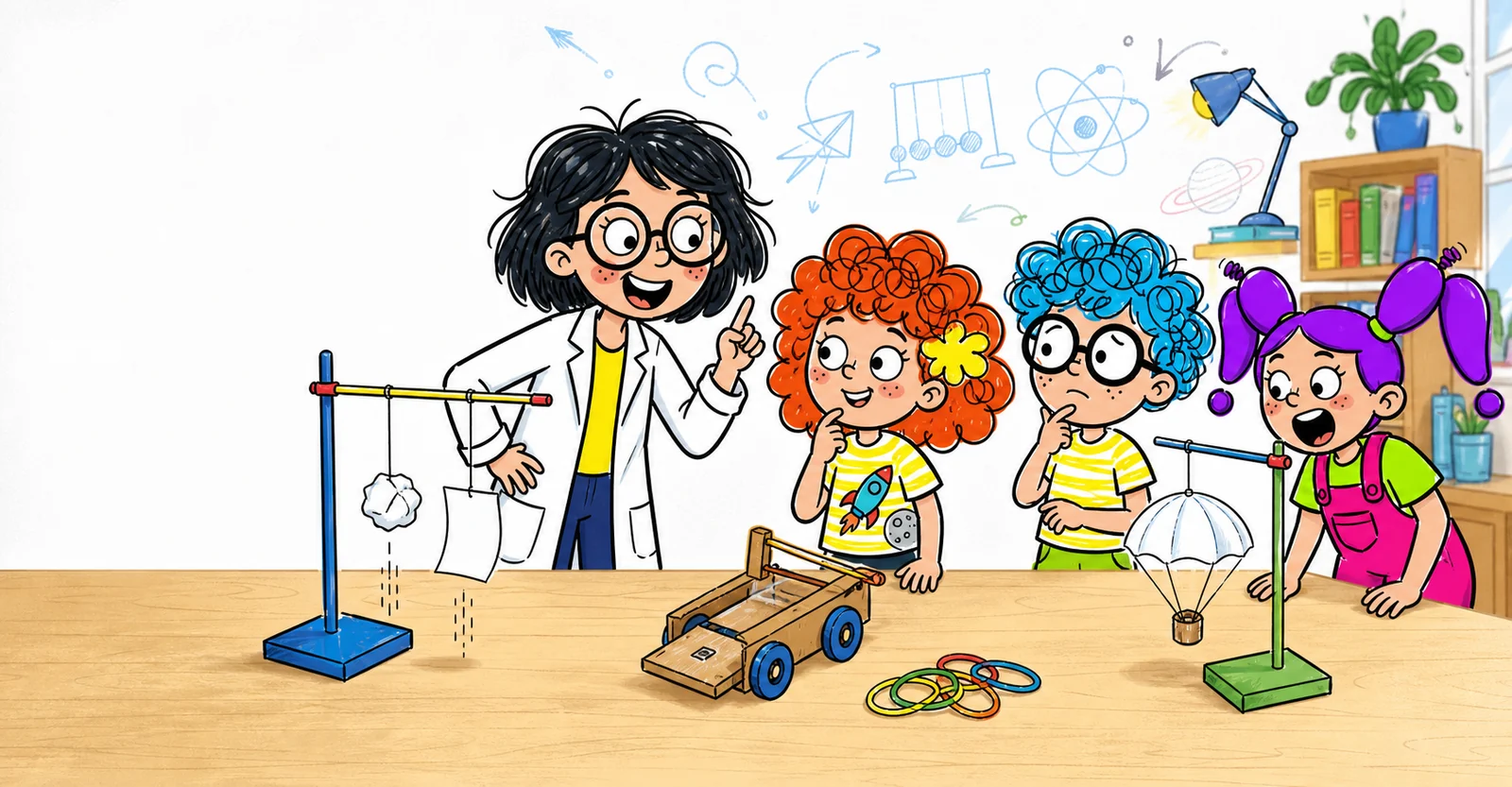 La Maestra Quarketti con Mia, Tommaso e Greta durante esperimenti su gravità, elastici e aria