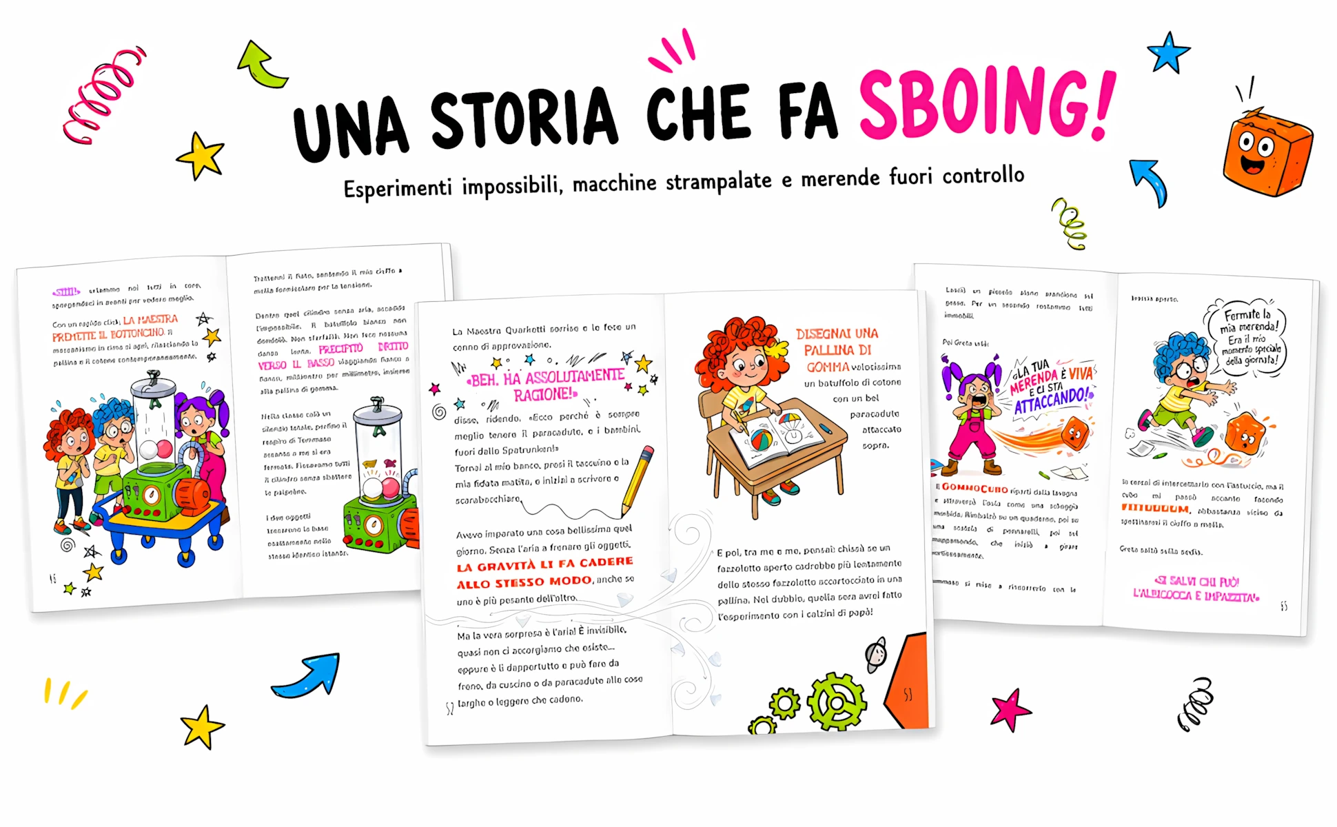 Pagine illustrate del libro con esperimenti, macchine strampalate e merende fuori controllo